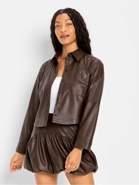 Cropped Dark Brown Faux Leather Shirt Jacket - Women